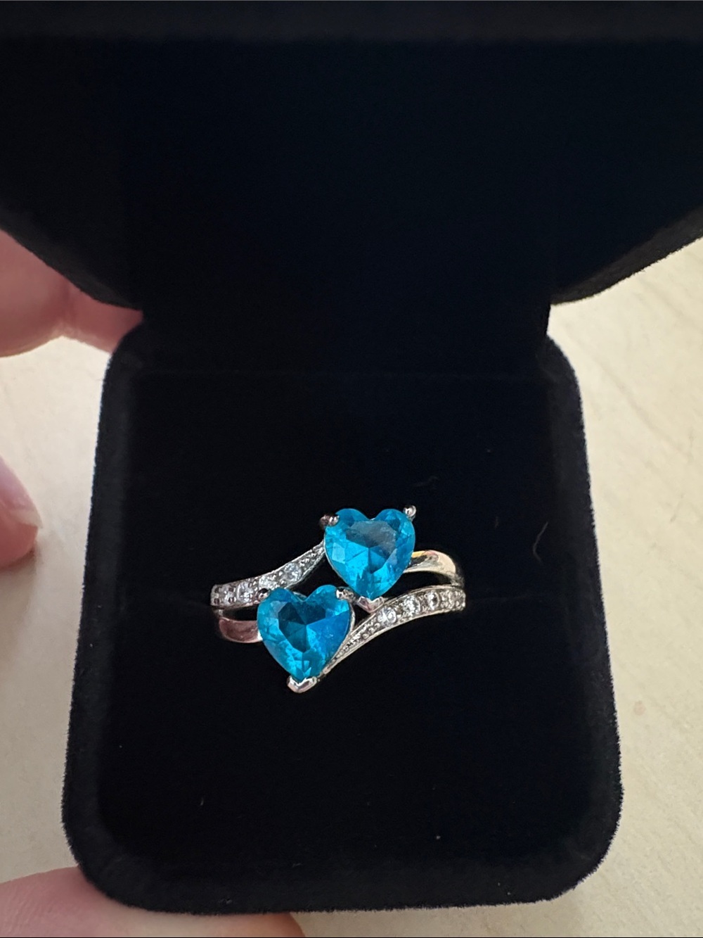 925 Silver Ring with Twin Blue Heart Gemstone with Cubic Zirconia Accents